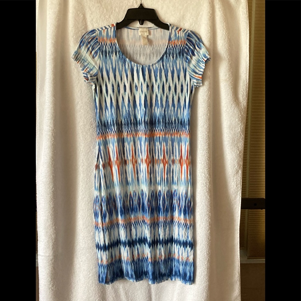 Chico’s blue, orange & green tie dye pattern dress